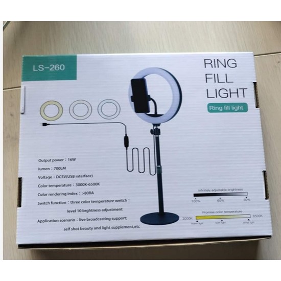 RING LIGHT LS-260-6 10.0" WITH PHONE HOLDER AND ADJUSTABLE STAND 3 COLOR LIGHT ADJUSTMENT BLACK RING LIGHT LS-260-6 10.0" WITH PHONE HOLDER AND ADJUSTABLE STAND 3 COLOR LIGHT ADJUSTMENT BLACK
